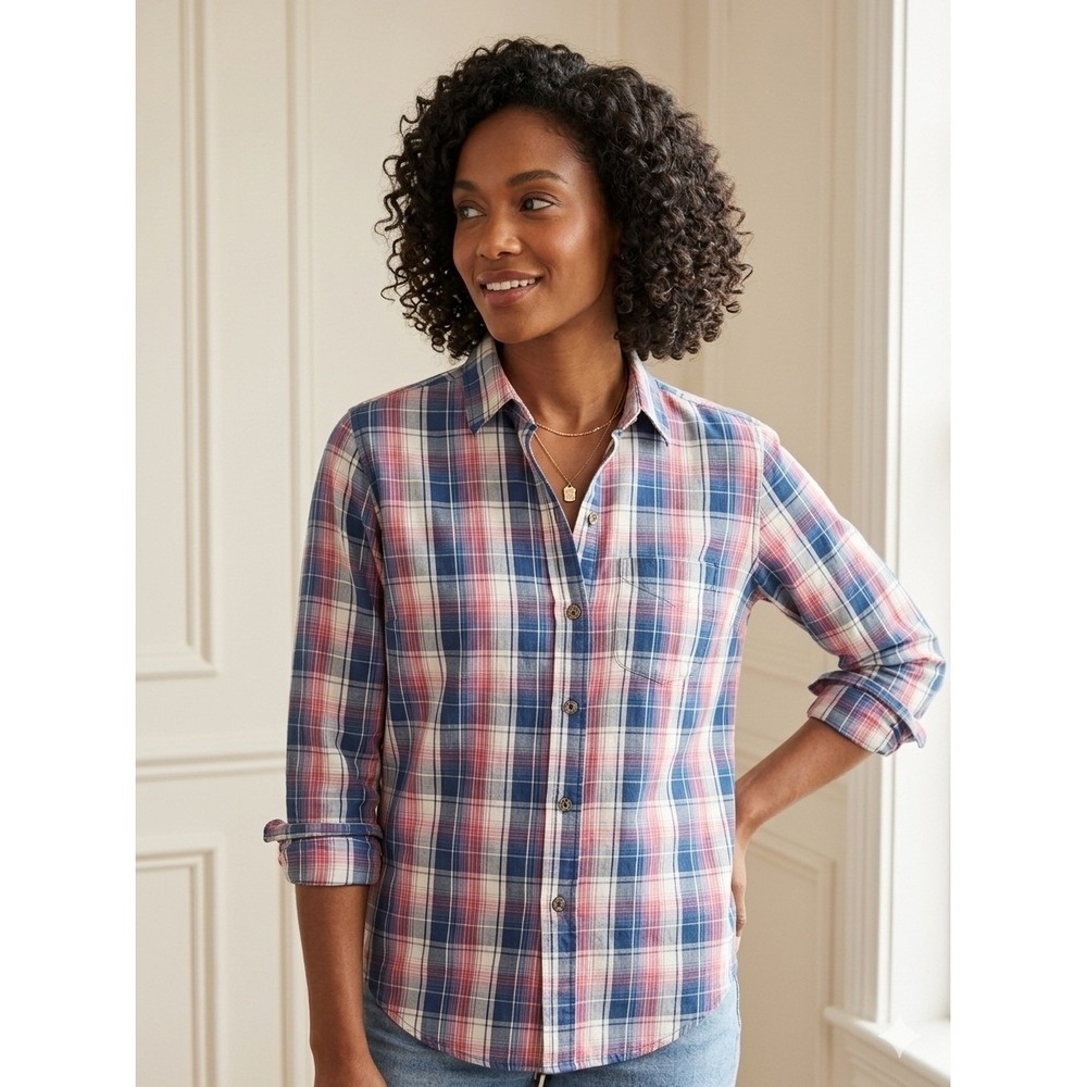 Current Elliott Prep School Shirt Riviera Plaid Cotton Button Down Red Blue 0